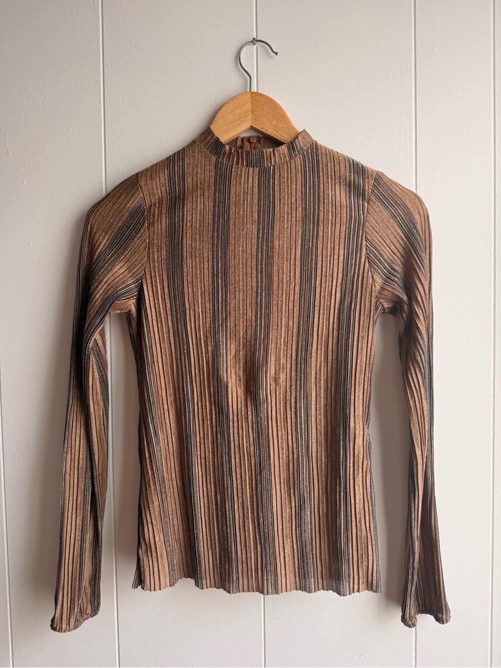 Brown & Black Vertical Stripe Ribbed Long Sleeve Top